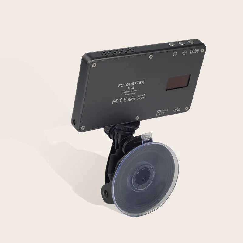 Black aluminium LED video light for laptop webcam with 96 LEDs and a built-in battery.