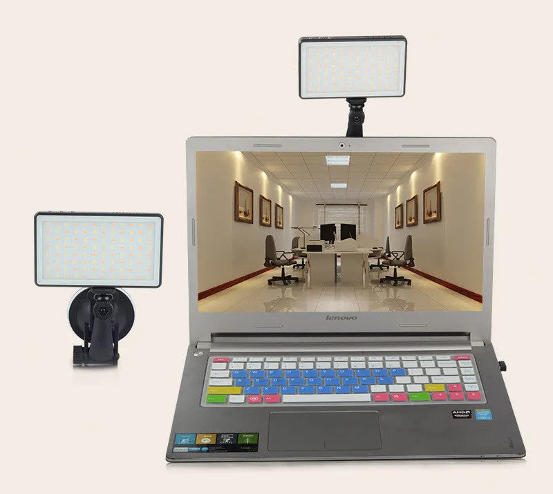 Black aluminium LED video light for laptop webcam with 96 LEDs and a built-in battery.