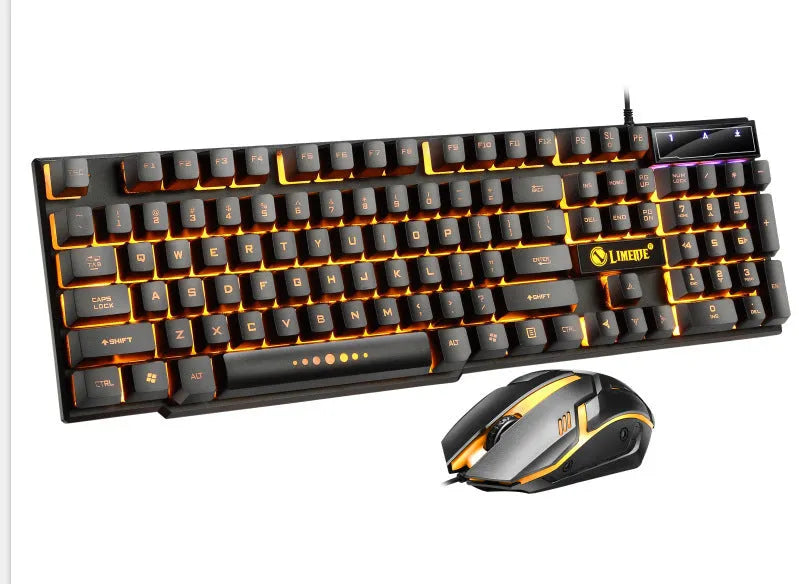 Limei GTX300 white mechanical keyboard and mouse set with backlit keys on a desk.