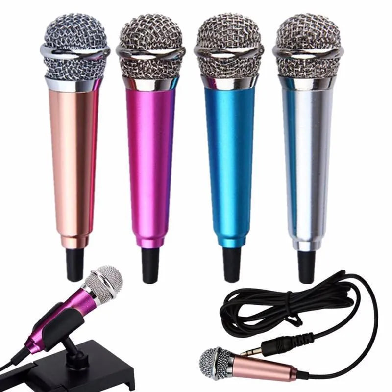 Blue wired condenser karaoke microphone with 3.5mm plug for mobile phones.