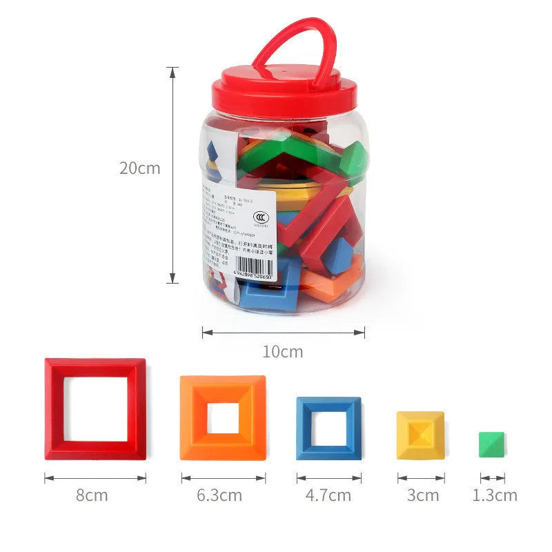 Rainbow coloured tower ring building blocks set for children, with plastic ABS pieces in a barrel.