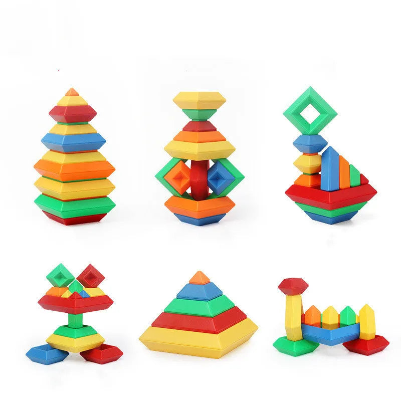 Rainbow coloured tower ring building blocks set for children, with plastic ABS pieces in a barrel.