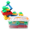 Rainbow coloured tower ring building blocks set for children, with plastic ABS pieces in a barrel.
