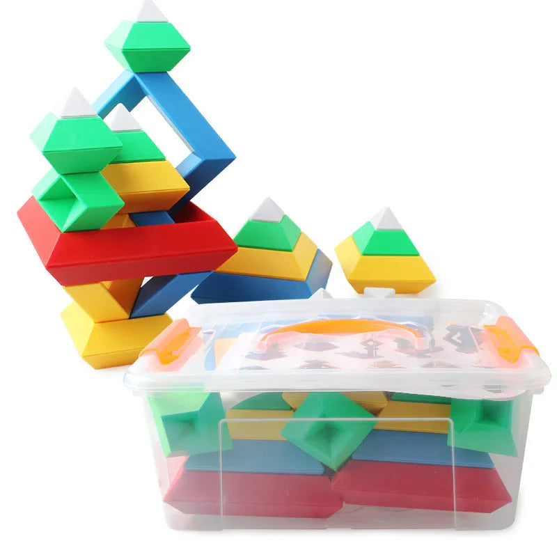 Rainbow coloured tower ring building blocks set for children, with plastic ABS pieces in a barrel.
