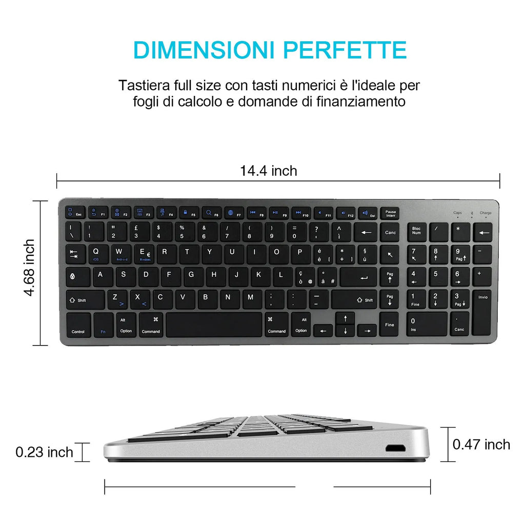 Grey ultra-thin universal Bluetooth keyboard for iPad, tablet, and phone, showing 104-key layout.