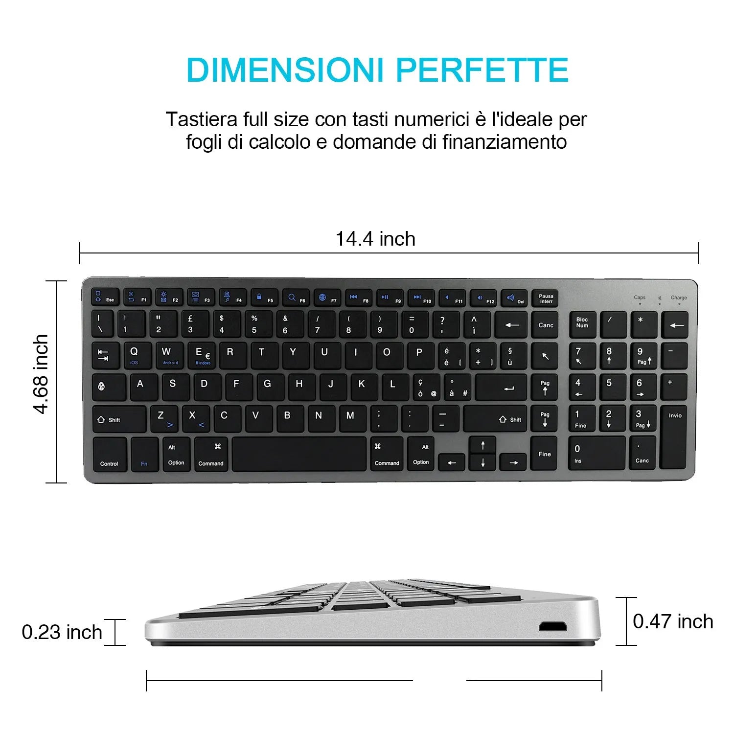 Grey ultra-thin universal Bluetooth keyboard for iPad, tablet, and phone, showing 104-key layout.