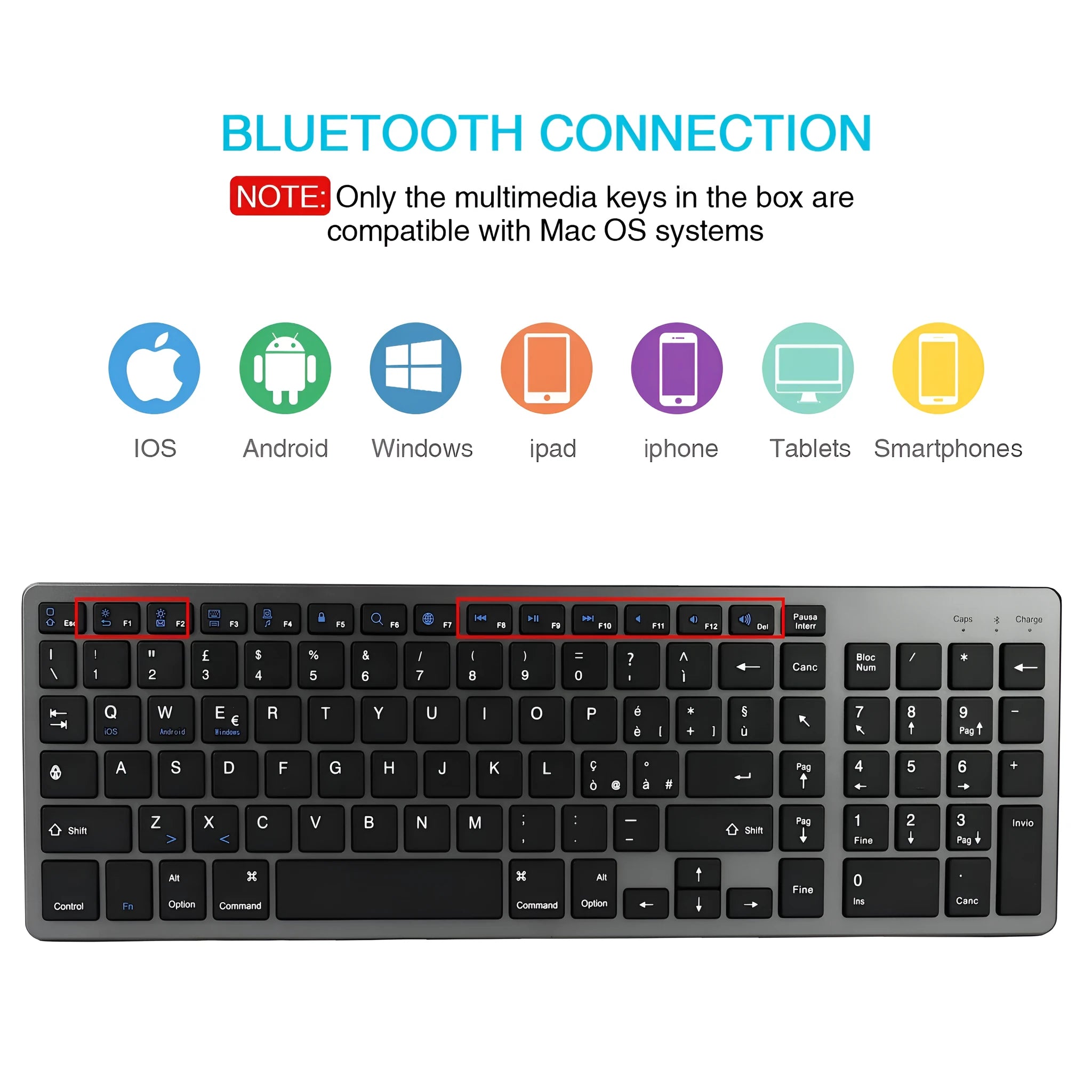 Grey ultra-thin universal Bluetooth keyboard for iPad, tablet, and phone, showing 104-key layout.