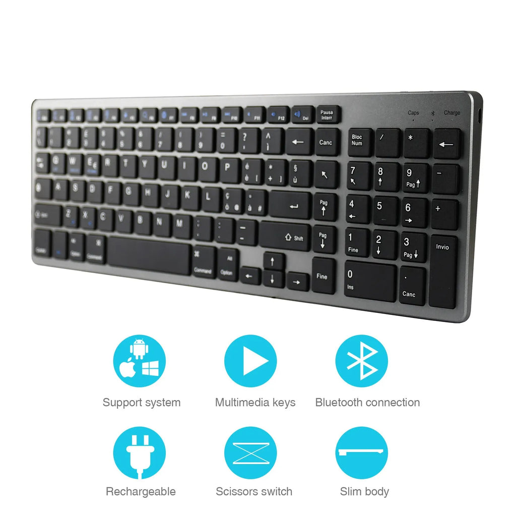 Grey ultra-thin universal Bluetooth keyboard for iPad, tablet, and phone, showing 104-key layout.