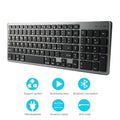 Grey ultra-thin universal Bluetooth keyboard for iPad, tablet, and phone, showing 104-key layout.