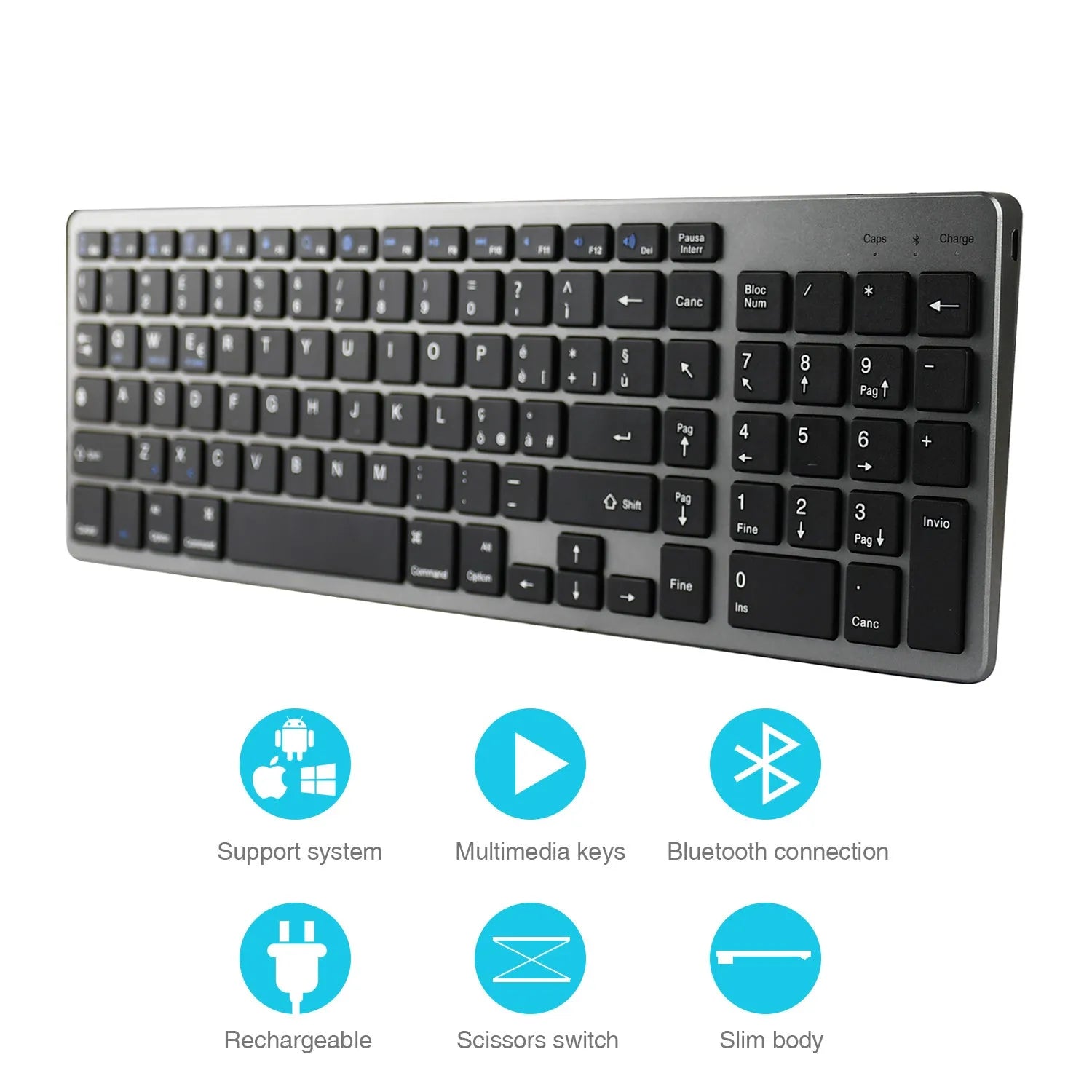 Grey ultra-thin universal Bluetooth keyboard for iPad, tablet, and phone, showing 104-key layout.
