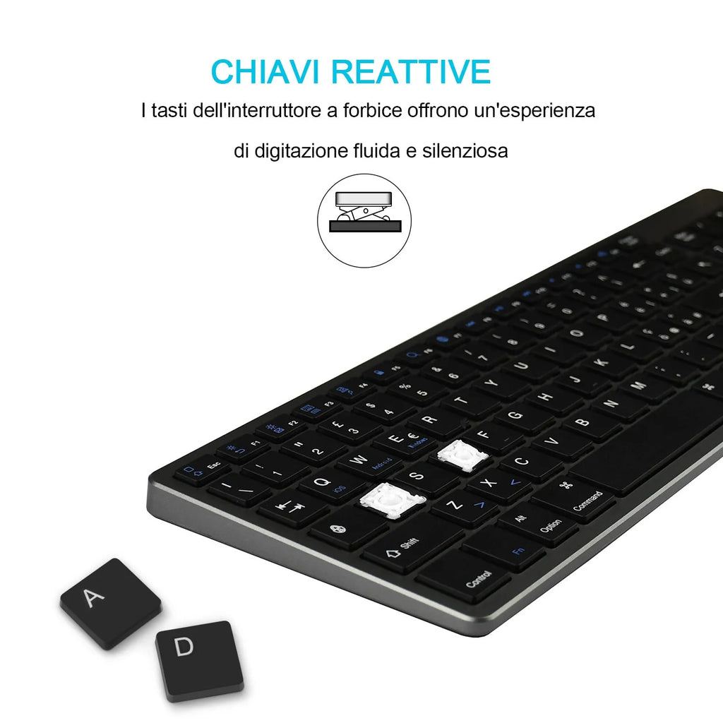 Grey ultra-thin universal Bluetooth keyboard for iPad, tablet, and phone, showing 104-key layout.