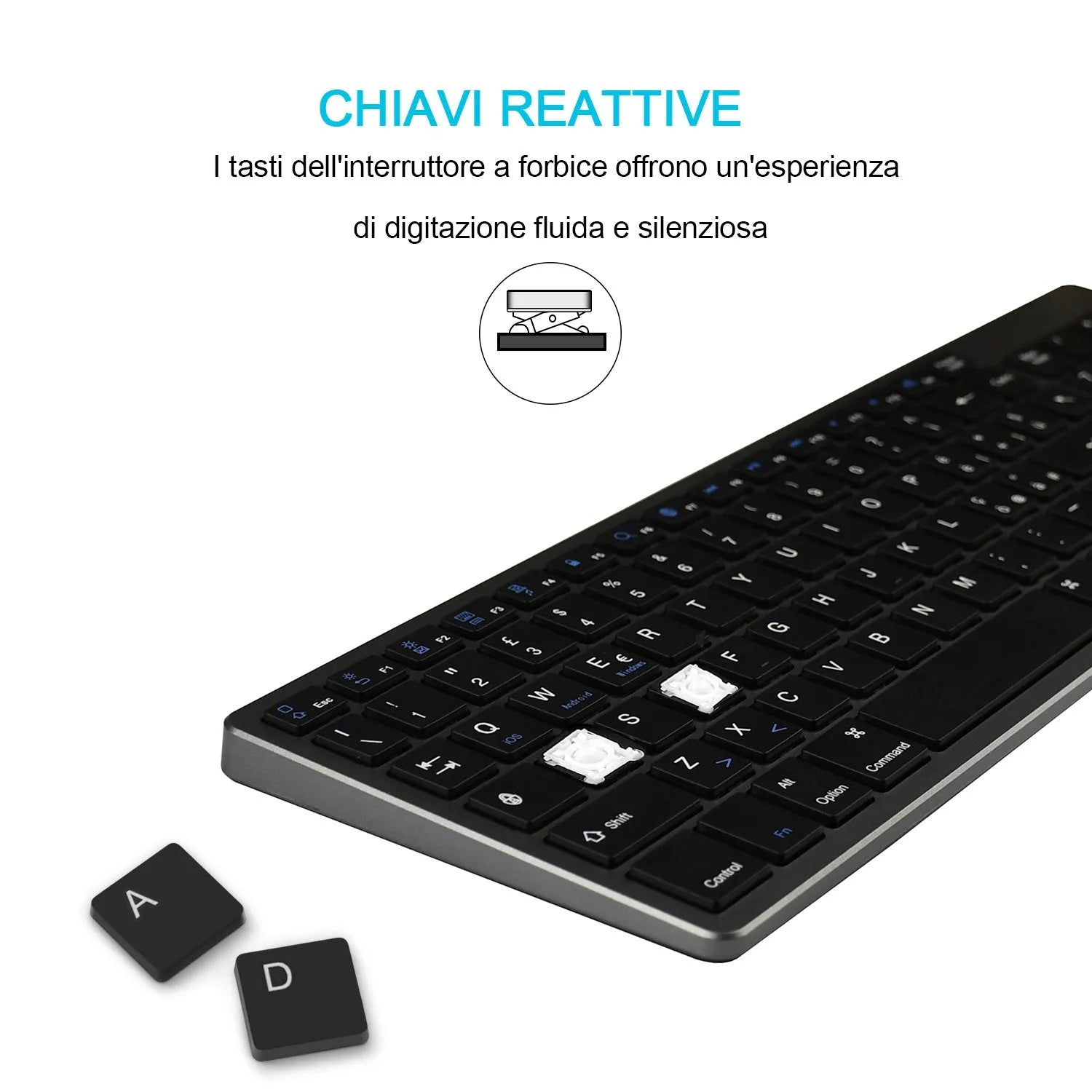 Grey ultra-thin universal Bluetooth keyboard for iPad, tablet, and phone, showing 104-key layout.