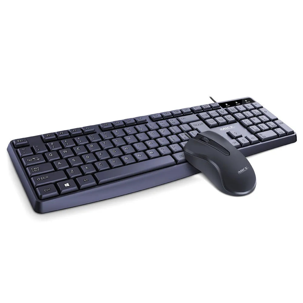 Black KM-520 wired keyboard and mouse set showing 104-key keyboard and optical mouse with USB cables