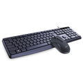 Black KM-520 wired keyboard and mouse set showing 104-key keyboard and optical mouse with USB cables