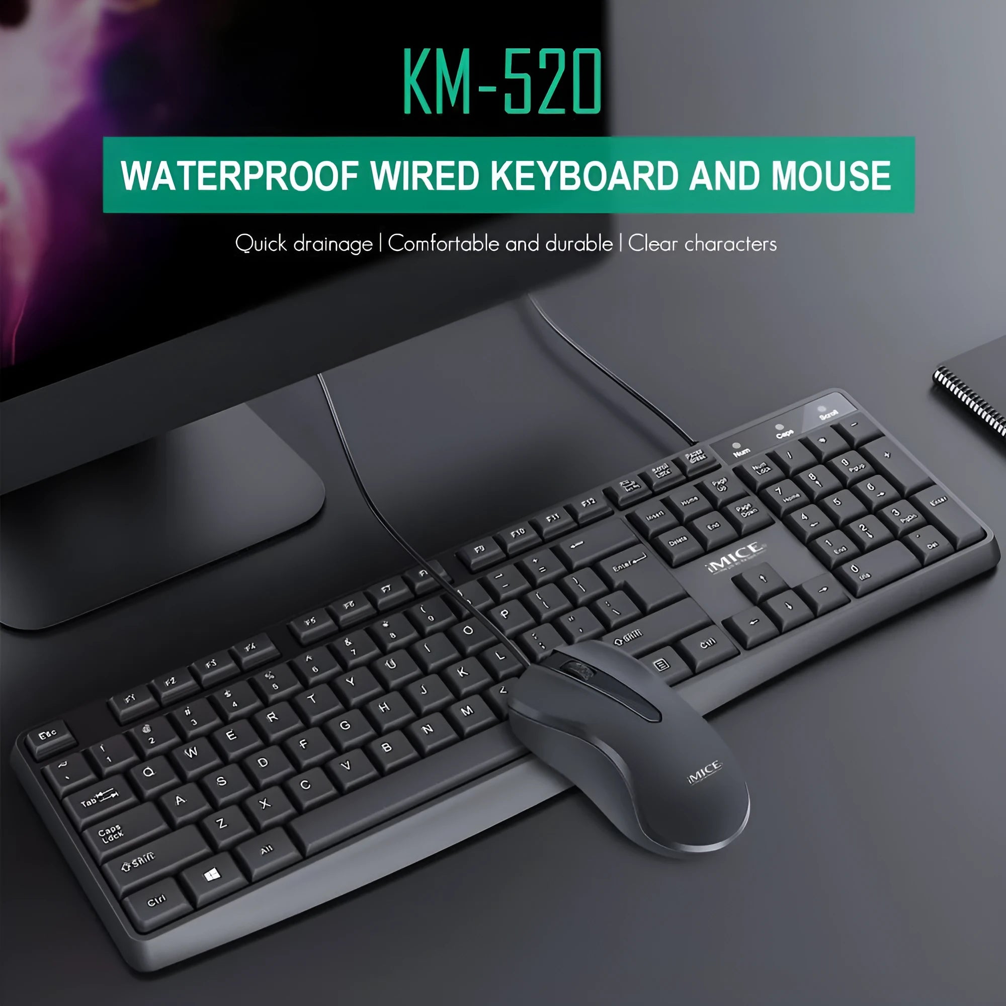 Black KM-520 wired keyboard and mouse set showing 104-key keyboard and optical mouse with USB cables