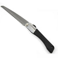 Black folding hacksaw with 210mm high carbon steel blade and PVC grip, 430mm overall length, 40 teeth, for garden pruning and camping