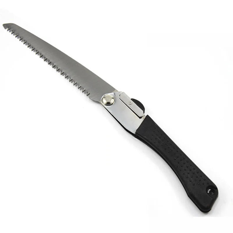 Black folding hacksaw with 210mm high carbon steel blade and PVC grip, 430mm overall length, 40 teeth, for garden pruning and camping