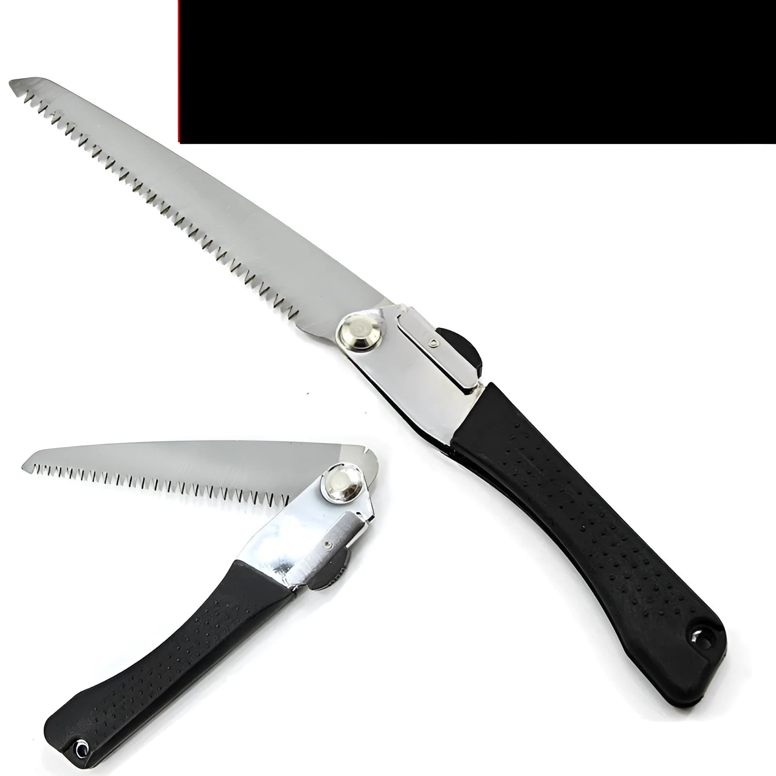 Black folding hacksaw with 210mm high carbon steel blade and PVC grip, 430mm overall length, 40 teeth, for garden pruning and camping