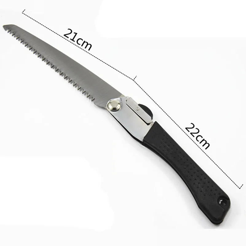 Black folding hacksaw with 210mm high carbon steel blade and PVC grip, 430mm overall length, 40 teeth, for garden pruning and camping