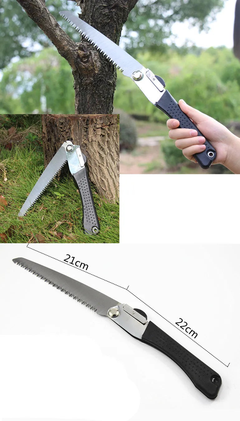 Black folding hacksaw with 210mm high carbon steel blade and PVC grip, 430mm overall length, 40 teeth, for garden pruning and camping