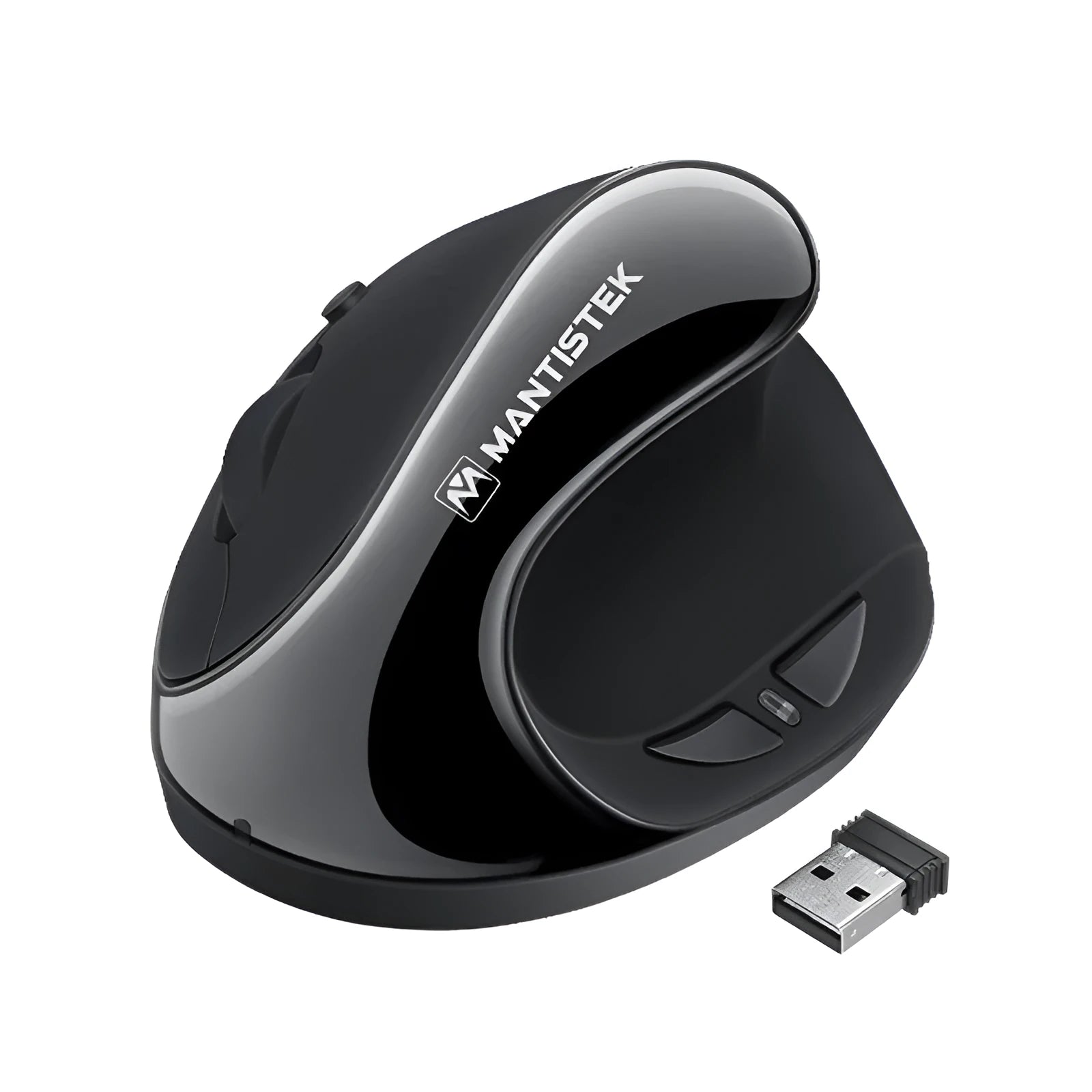 Black 2.4G vertical ergonomic optical mouse with 3 adjustable DPI levels and wireless receiver