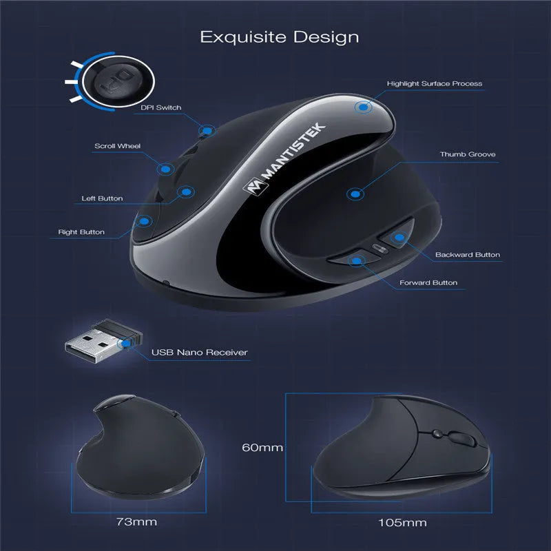 Black 2.4G vertical ergonomic optical mouse with 3 adjustable DPI levels and wireless receiver