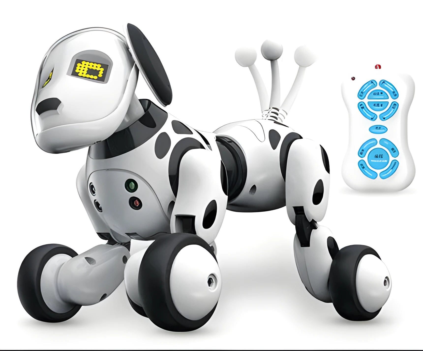 Smart robot dog electronic pet toy with remote control on grey background