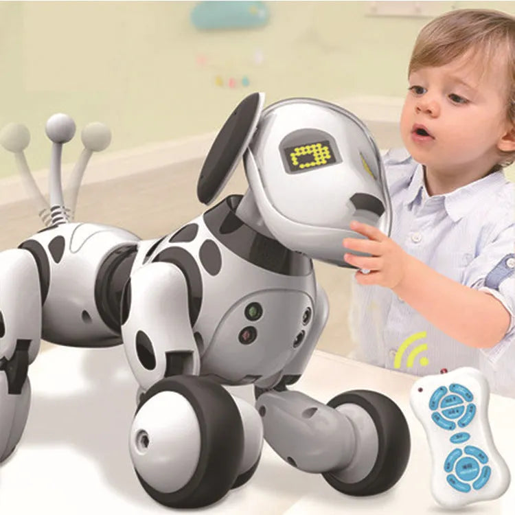 Smart robot dog electronic pet toy with remote control on grey background