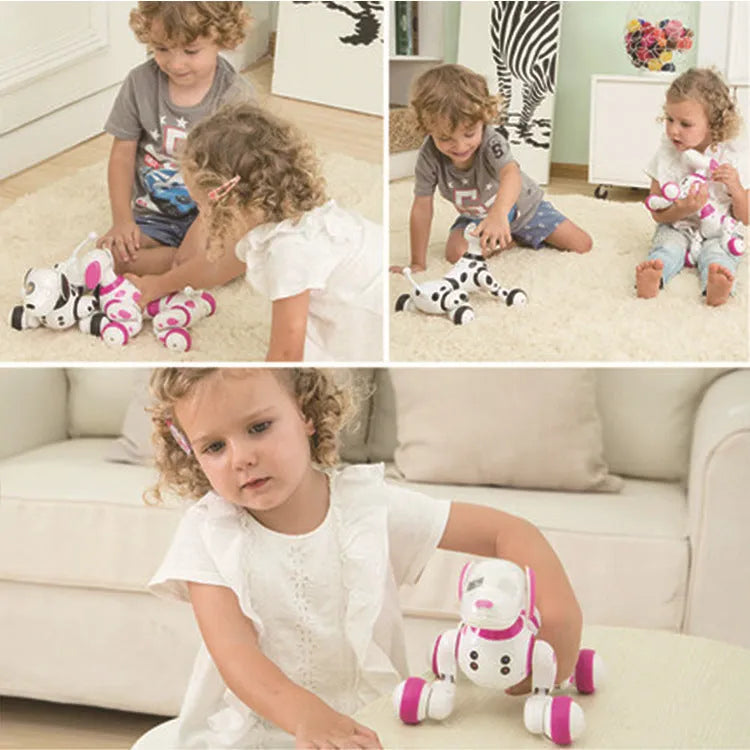 Smart robot dog electronic pet toy with remote control on grey background