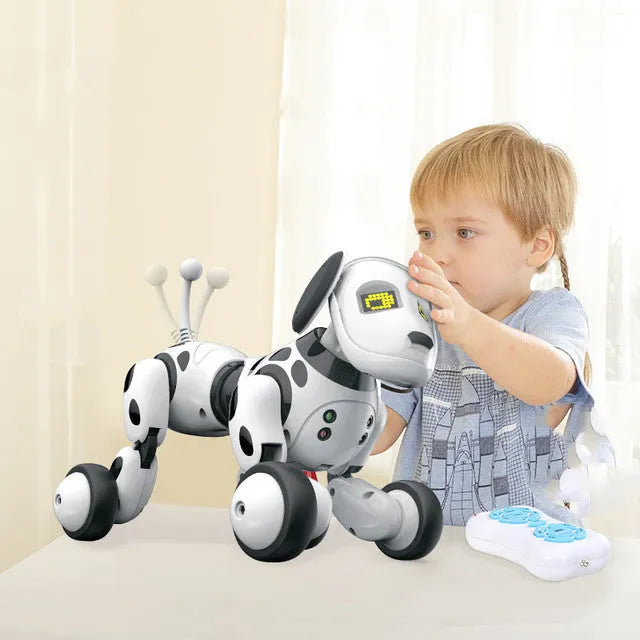 Smart robot dog electronic pet toy with remote control on grey background