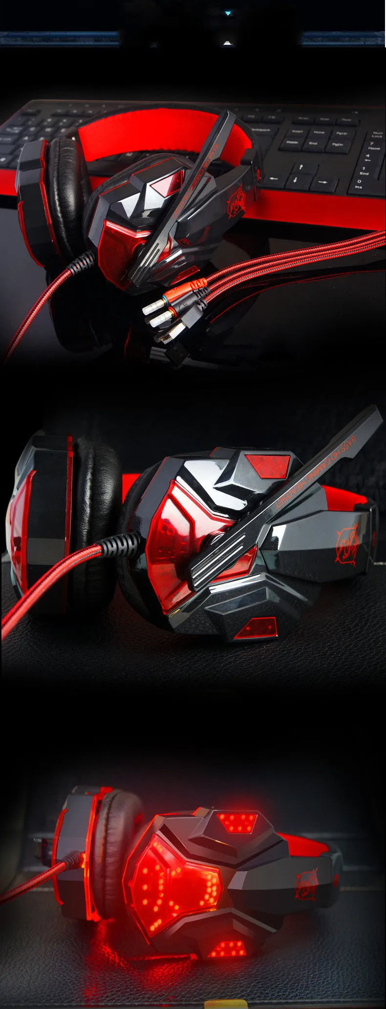PC780 black and blue gaming headset with microphone, shown in head-mounted design with straight plug.