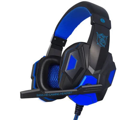 PC780 black and blue gaming headset with microphone, shown in head-mounted design with straight plug.