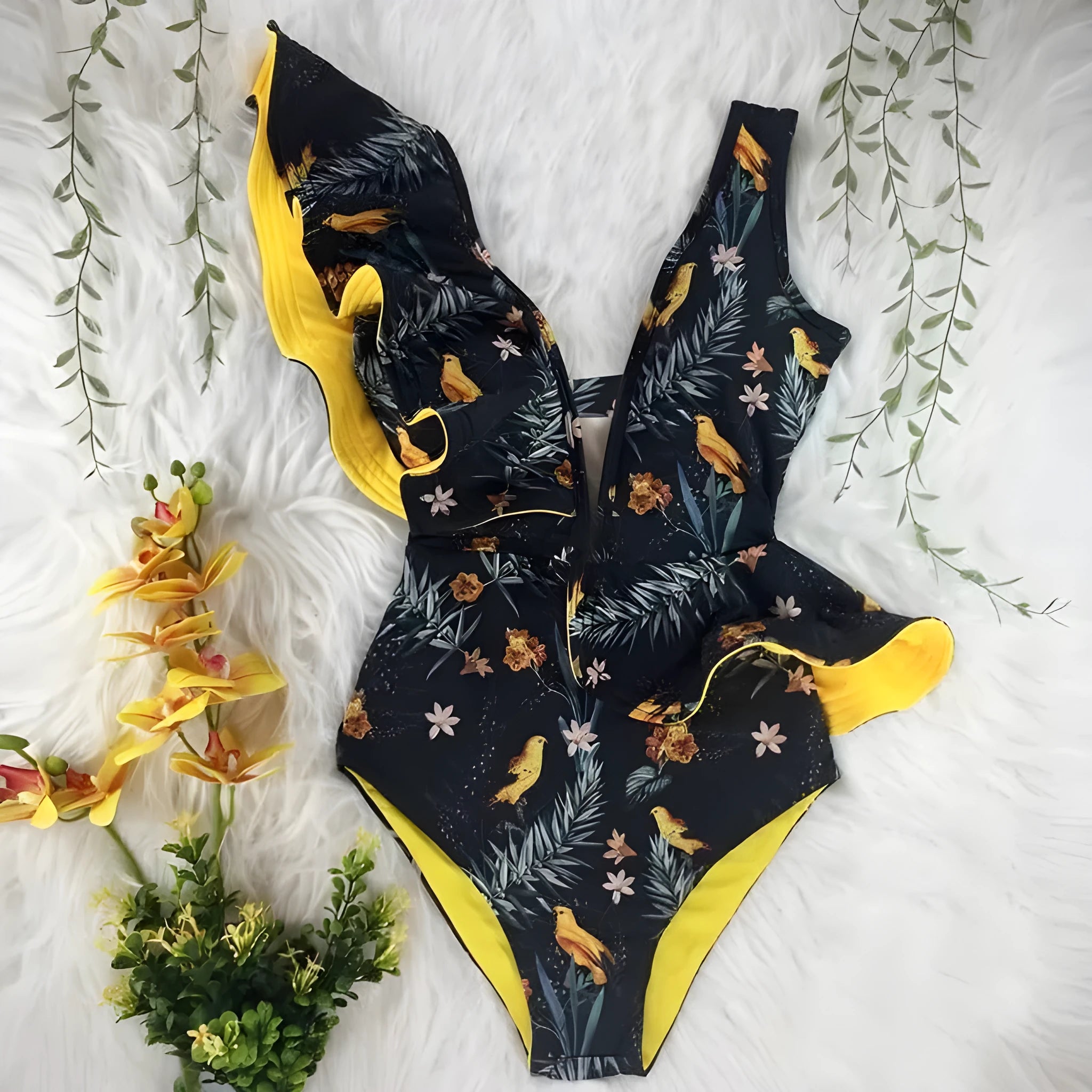 One piece casual swimsuit for women with ruffle trim and sleeveless design, available in multiple colours