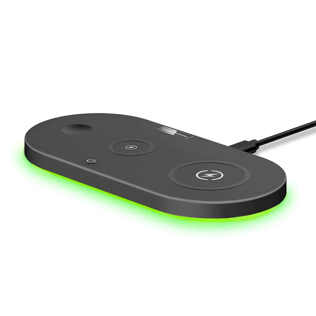 Black and white 15W desktop wireless charger with LED indicator light