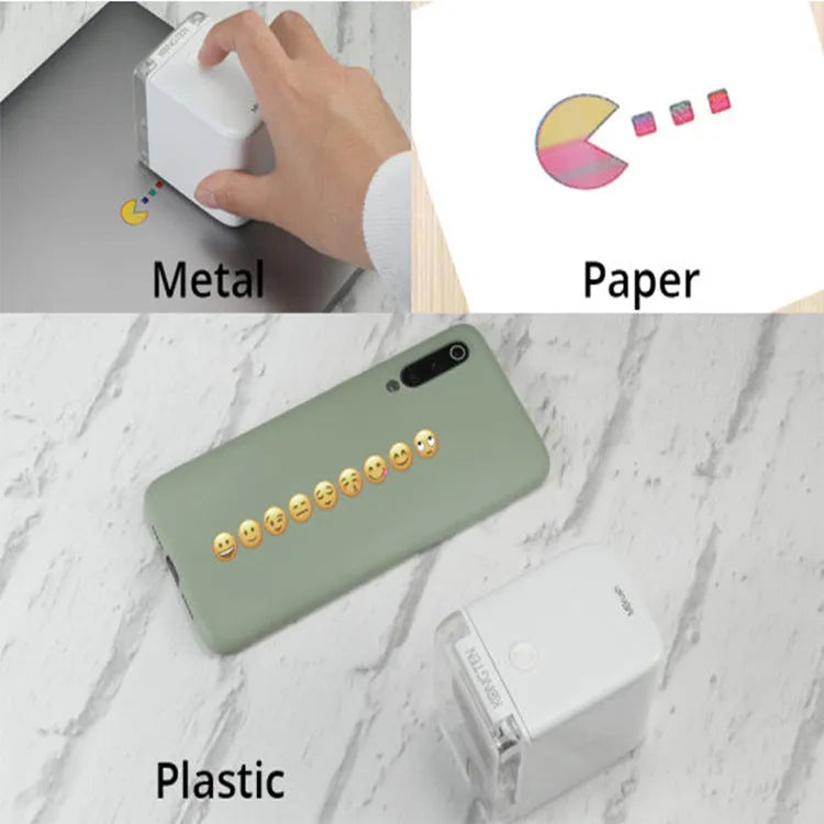 Portable Mbrush color handheld printer in white with ink cartridges showing compact size