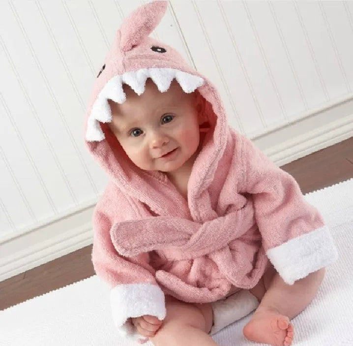 Children's hooded cotton animal-shaped bathrobe in pink with hood and front pocket, soft treatment finish.