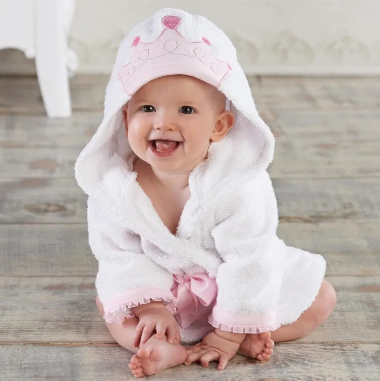Children's hooded cotton animal-shaped bathrobe in pink with hood and front pocket, soft treatment finish.