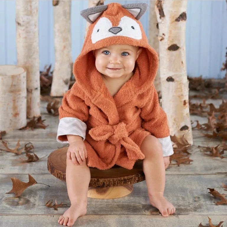 Children's hooded cotton animal-shaped bathrobe in pink with hood and front pocket, soft treatment finish.