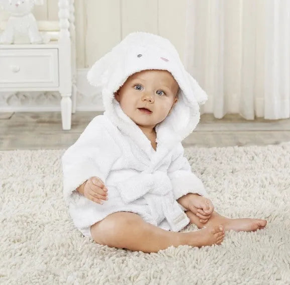 Children's hooded cotton animal-shaped bathrobe in pink with hood and front pocket, soft treatment finish.