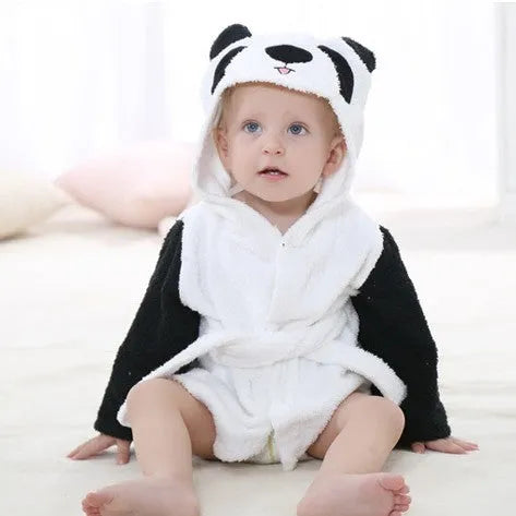 Children's hooded cotton animal-shaped bathrobe in pink with hood and front pocket, soft treatment finish.