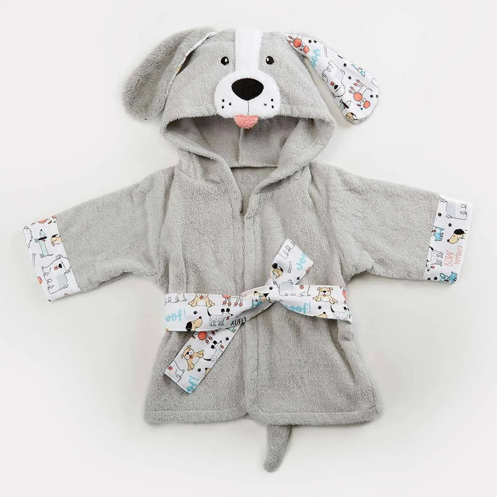 Children's hooded cotton animal-shaped bathrobe in pink with hood and front pocket, soft treatment finish.