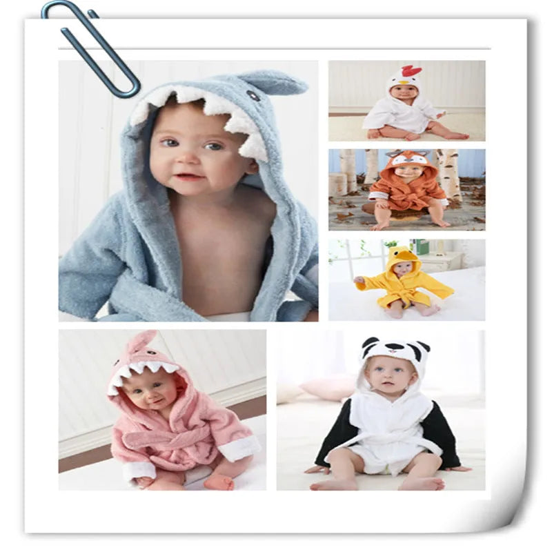 Children's hooded cotton animal-shaped bathrobe in pink with hood and front pocket, soft treatment finish.