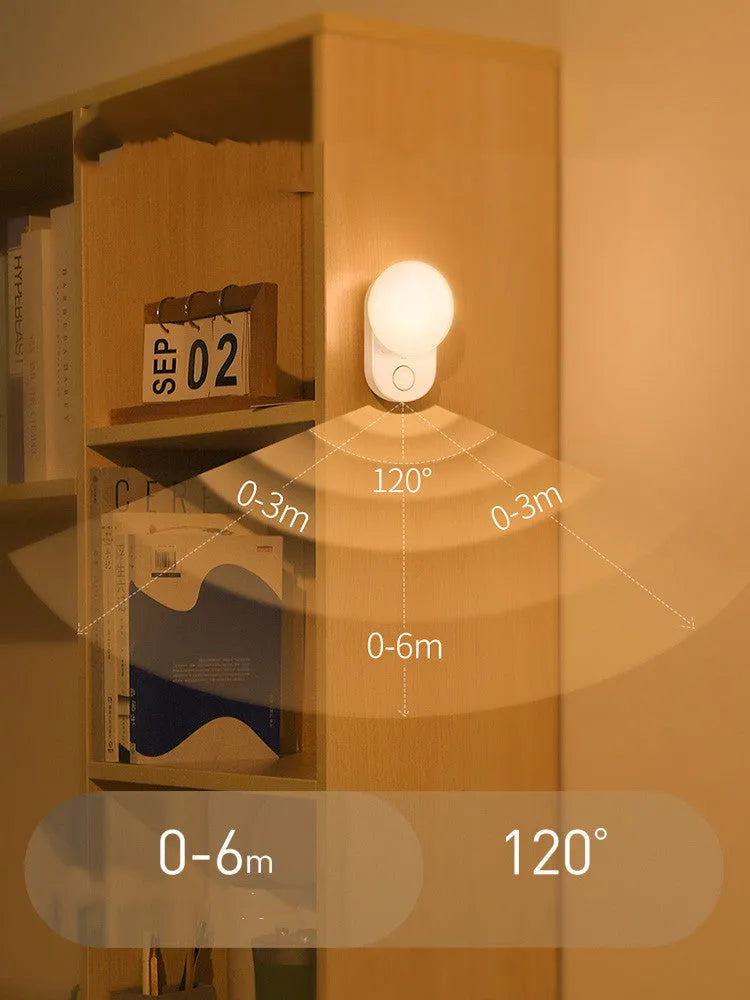 White rechargeable sensor night light with motion detection for bedside or hallway use.