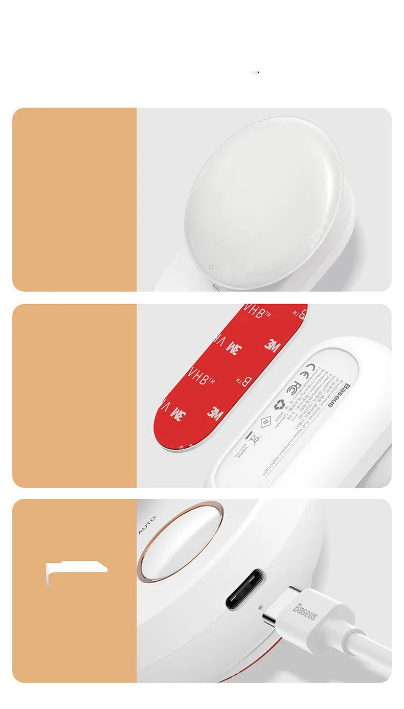 White rechargeable sensor night light with motion detection for bedside or hallway use.