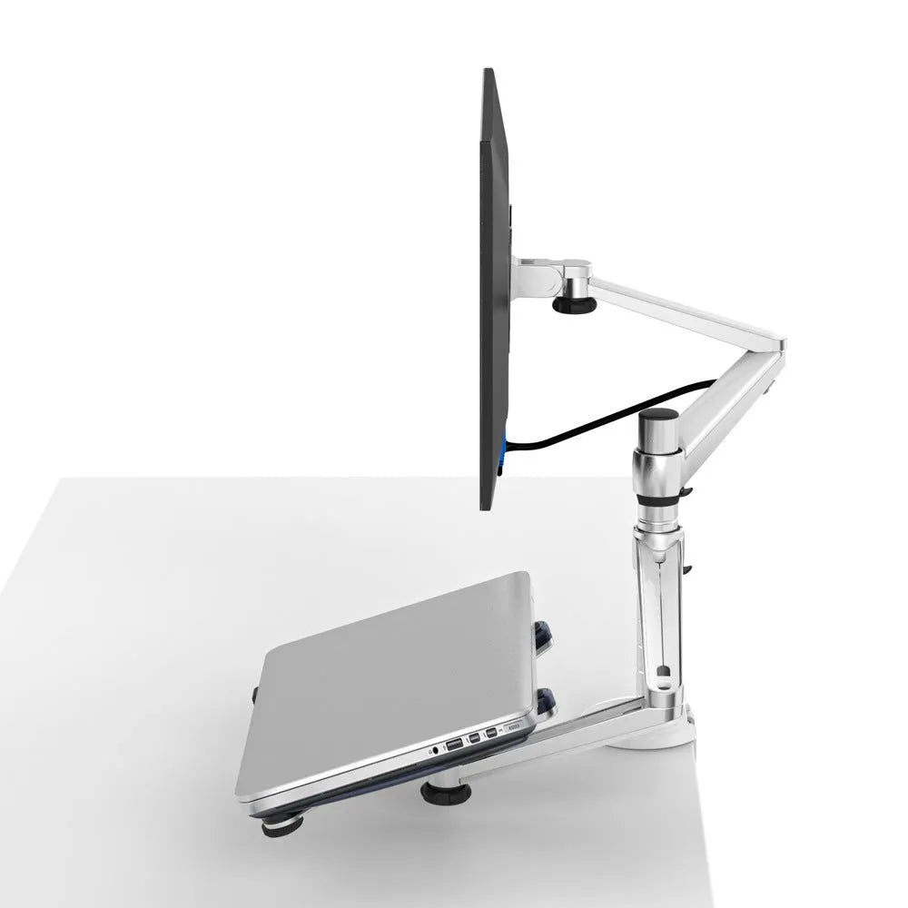 Silver dual monitor and notebook bracket with adjustable arm on desk
