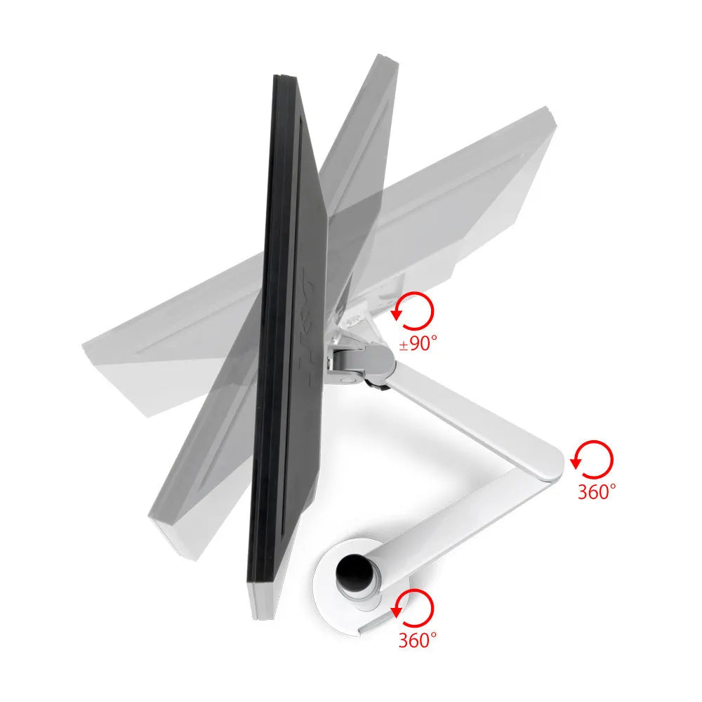 Silver dual monitor and notebook bracket with adjustable arm on desk