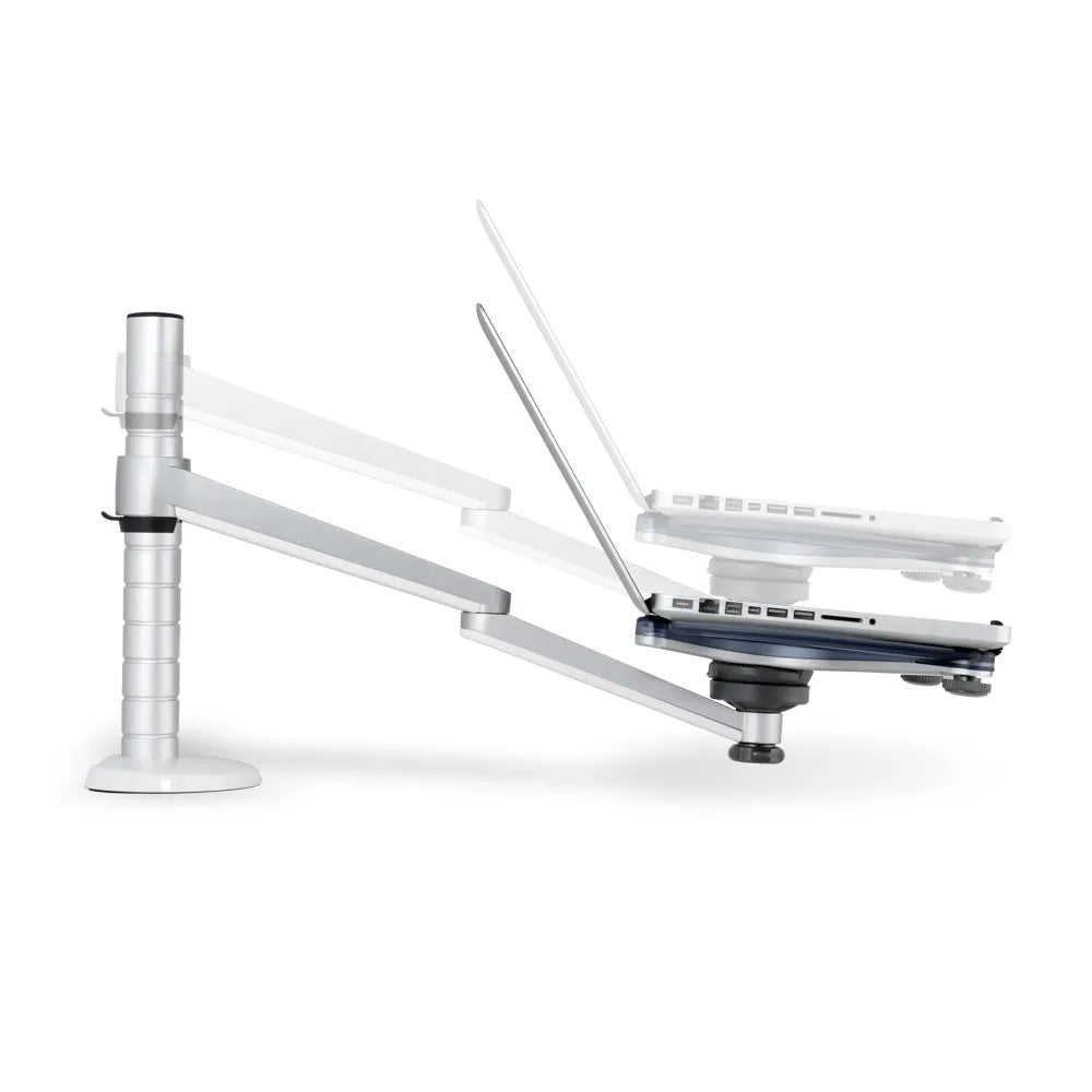 Silver dual monitor and notebook bracket with adjustable arm on desk