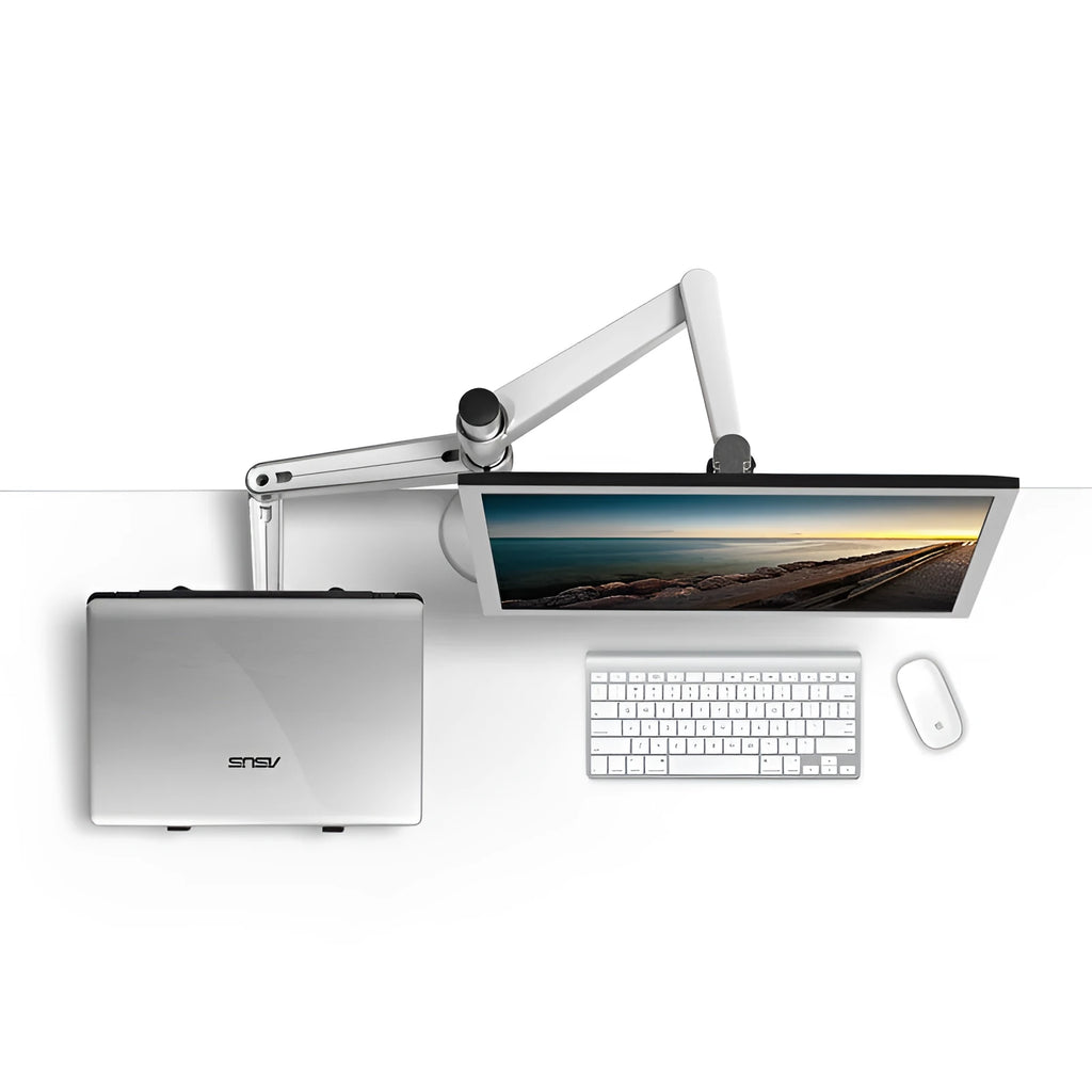 Silver dual monitor and notebook bracket with adjustable arm on desk