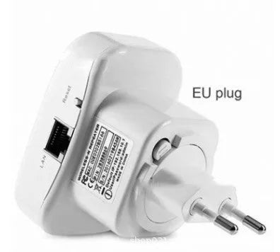 Black and white WIFI repeater with network cable and multiple international plug options on a table.