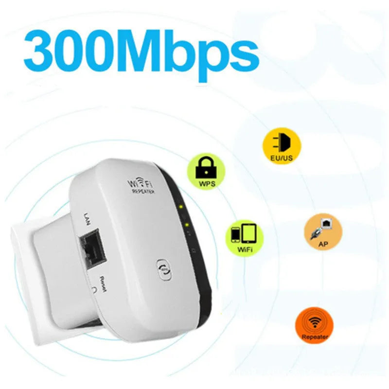 Black and white WIFI repeater with network cable and multiple international plug options on a table.